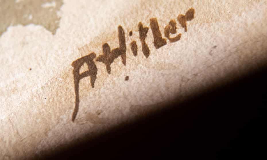 The signature on a watercolour purportedly made by Adolf Hitler, which went on sale in Nuremberg