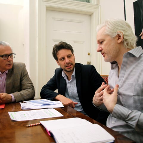 From left: Baltasar Garzón, Guillaume Long and Julian Assange