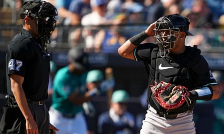 Arizona Diamondbacks catcher Gabriel Moreno challenges a call.