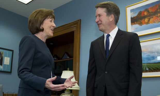 Senator Susan Collins speaks with the supreme court nominee Judge Brett Kavanaugh at her office, before a private meeting on Capitol Hill in Washington in 2018.