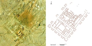Drone photo of the Tell Khaiber building under excavation in February 2016 (left) with the partially completed ground plan for comparison (right). The building is made up of two parts; the larger north eastern wing is an expansion of the original building.