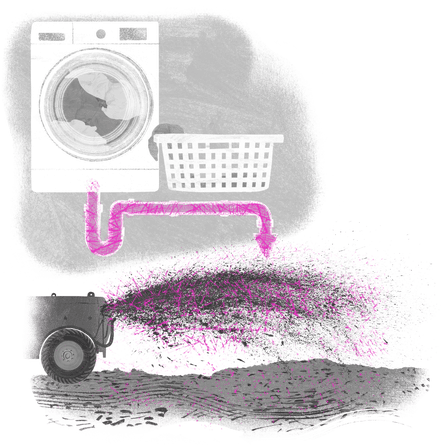 Superimposed image showing plastics going through the waste pipe and ending up mixed with the fertiliser sprayed on the soil Superimposed image showing plastics in the fish, in the bread and in the milk that were featured in the previous illustration.