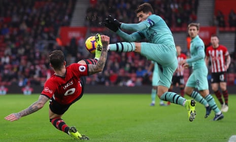 Arsenal’s Lucas Torreira vies for possession with Danny Ings at Southampton’s St Mary’s Stadium.
