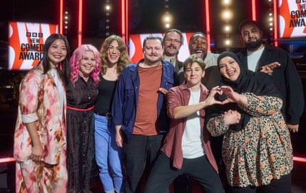 Sarah Keyworth (front left), the host of the BBC New Comedy Awards, with the judges and performers in the Birmingham heat