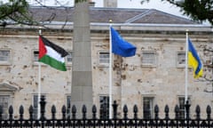 The flag of Palestine (left) flying outside Leinster House, Dublin, 28 May 2024. 