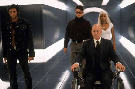 Patrick Stewart, right, as Professor X in X-Men, 2000, with, from left, Hugh Jackman, James Marsden and Halle Berry.