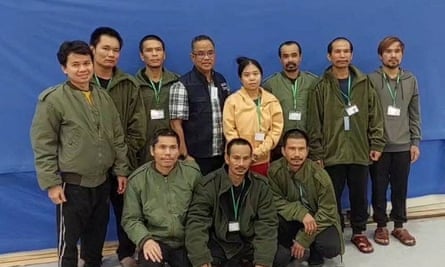 Thai workers taken hostage by Hamas after their release in Tel Aviv.