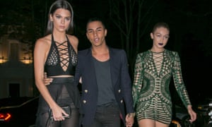 Balmain designer Olivier Rousteing with models Kendall Jenner and Gigi Hadid.