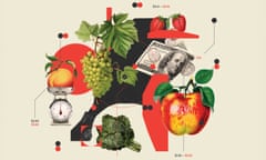 Collage of vegetables, fruits, money and a scale.