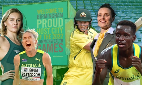 Australian Commonwealth games athletes, from left to right: Ariarne Titmus, Eleanor Patterson, Meg Lanning, Ellie Cole and Peter Bol.