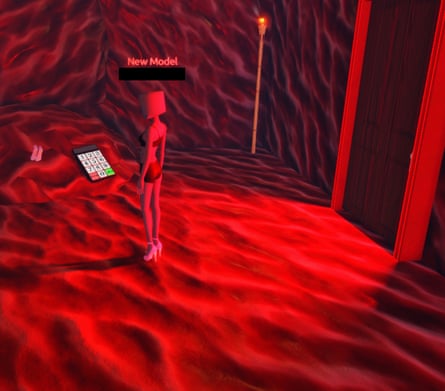 An avatar in a red room with lumpy walls and floor