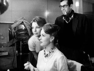 Annette Stroyberg, Jeanne Moreau and Roger Vadim on the set of Les liaisons dangereuses, 1959