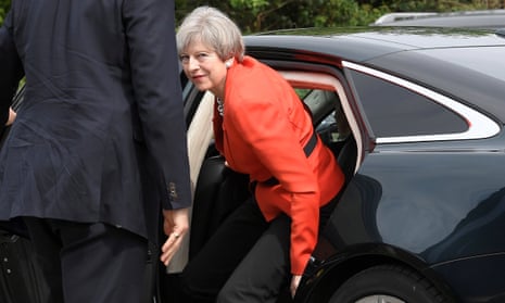 Theresa May arrives at an election campaign event in Wrexham.