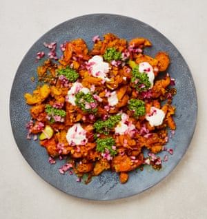 Yotam Ottolenghi’s smashed carrots with coriander-pistachio pesto and pickled onions.