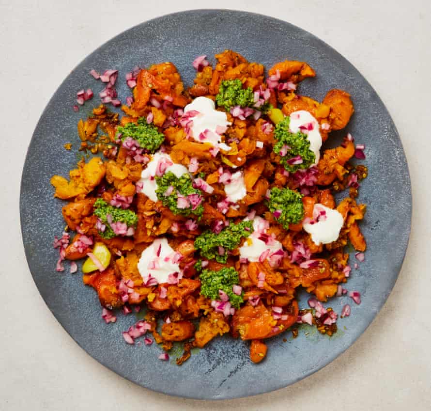 Yotam Ottolenghi’s smashed carrots with coriander-pistachio pesto and pickled onions.