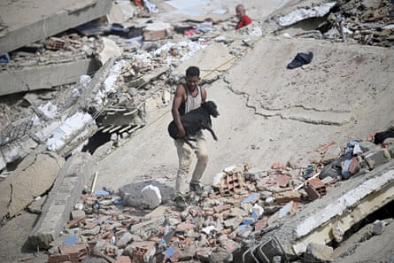 A volunteer carries a rescued dog across the rubble of a collapsed building