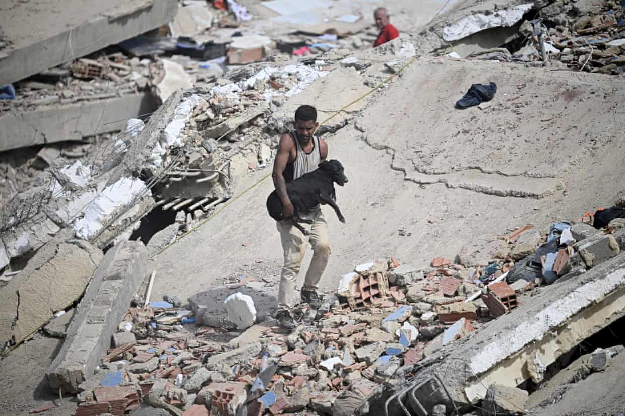 A volunteer carries a rescued dog across the rubble of a collapsed building