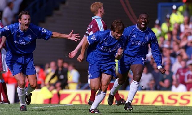 Gianfranco Zola celebrates scoring in Chelsasea's remarkable 4-2 win over West Ham in August 2020 with Gustavo Poyet (left) and one of the debuting goalscorers, Jimmy Floyd Hasselbaink.