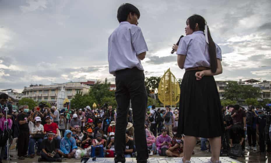 Student protesters address a rally in Bangkok