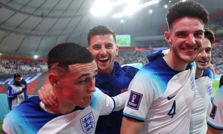 Phil Foden, Mason Mount, Declan Rice and Jack Grealish of England celebrate Monday’s dominant win against Iran.