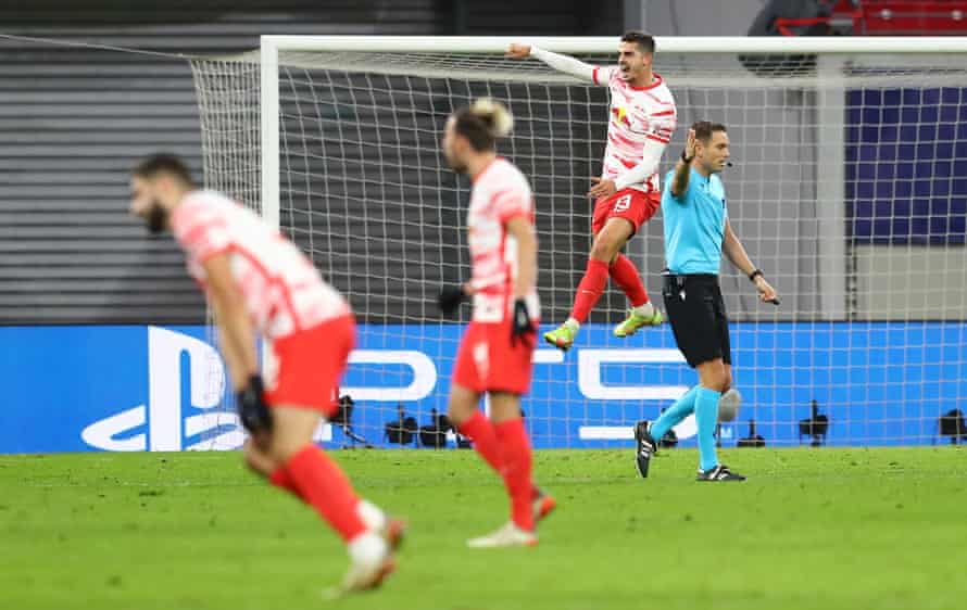 Andre Silva of RB Leipzig celebrates scoring a goal to make it 2-0.