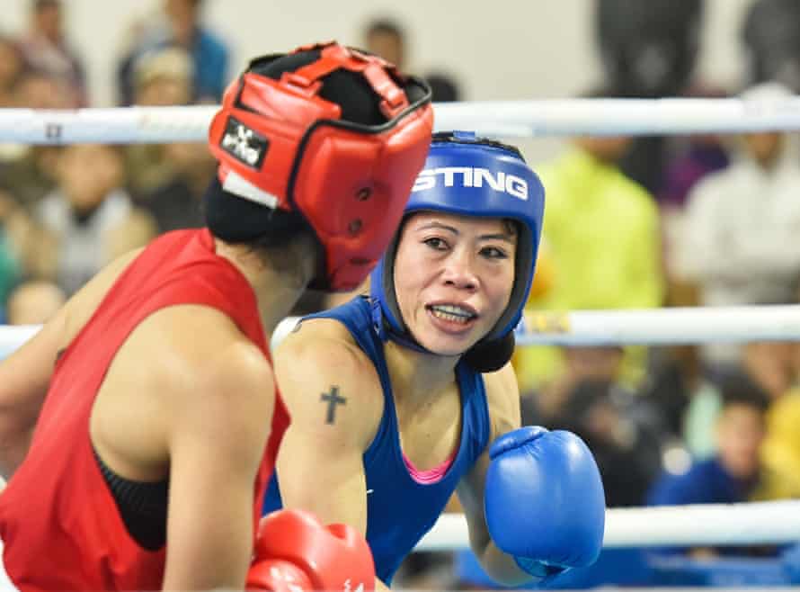Six-time world champion Mary Kom (in blue) on her way to defeating Nikhat Zareen by a split verdict, at the Olympic 2020 qualifiers in December 2019
