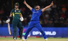 Gulbadin Naib of Afghanistan celebrates after dismissing Glenn Maxwell of Australia