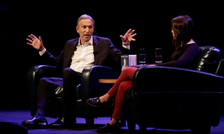 Howard Schultz speaks with moderator Monica Guzman during his book tour in Seattle, Washington, on 31 January.
