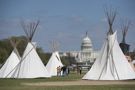 Tipis on the National Mall in Washington DC, 2014, as part of a weeklong demonstration to protest against the Keystone XL pipeline.