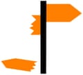 An arrow sign with one arrow pointing to the right, and the left arrow broken in pieces on the floor