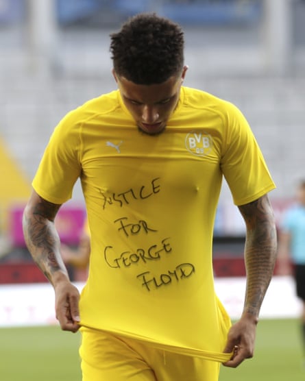Jadon Sancho celebrates scoring for Borussia Dortmund against Paderborn by revealing a ‘Justice for George Floyd’ undershirt