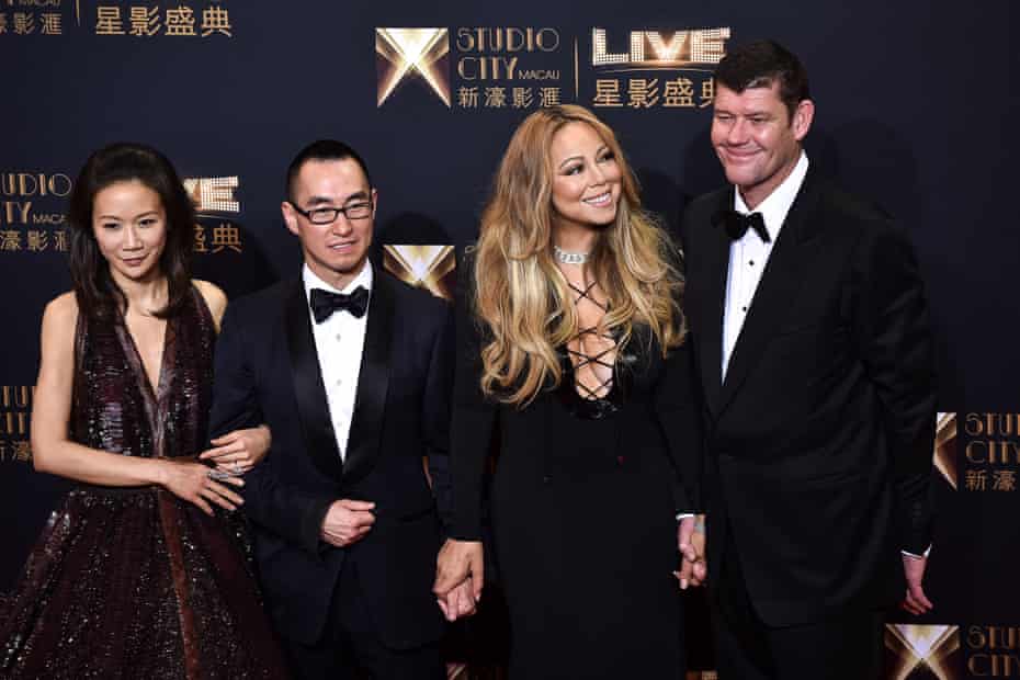 Lawrence Ho and his wife, Sharen Lo Shau Yan, with Mariah Carey and James Packer at the opening ceremony of the Studio City casino in Macau