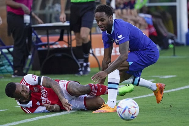 Raheem Sterling challenges another former Manchester City striker, Gabriel Jesus, in Chelsea's pre-season friendly against Arsenal.