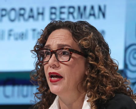Close up of Chair of the Fossil Fuel Treaty Initiative, Tzeporah Berman as she speaks at a news conference.