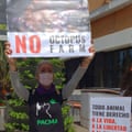 A protester holds up a sign saying ‘no octopus farm’