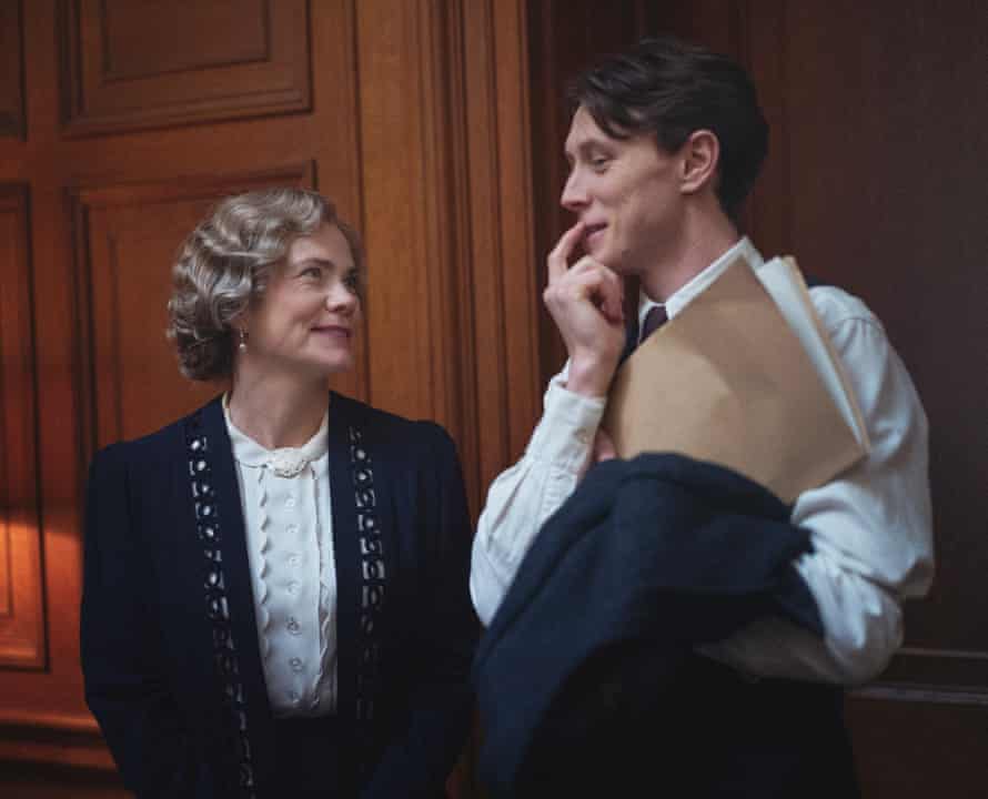 George Mackay as Hugh Legat and Abigail Cruttenden as Anne Chamberlain chatting during a break between recordings