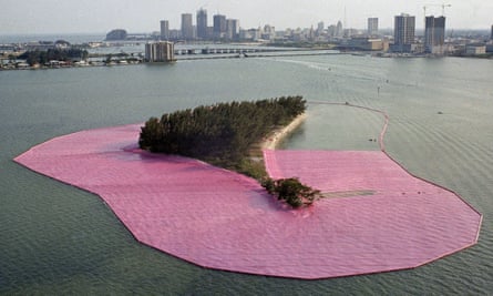 Christo’s environmental art piece, Surrounded Islands, being installed in Miami in 1983.