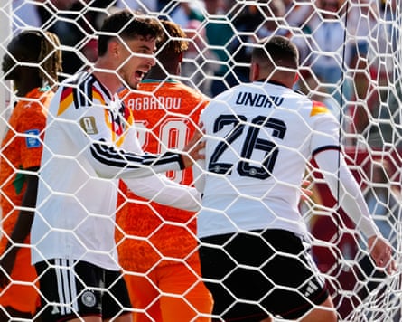 Deniz Undav celebrates with Kai Havertz after scoring a goal during the 2026 World Cup match between Germany and Côte d’Ivoire