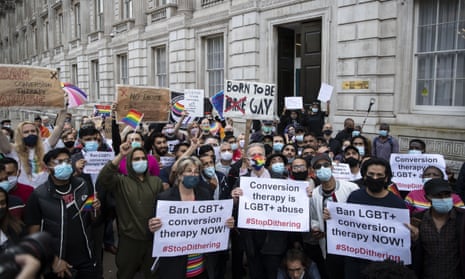LGBT+ supporters demonstrate against the use of conversion practices outside the UK Cabinet Office in June 2021.