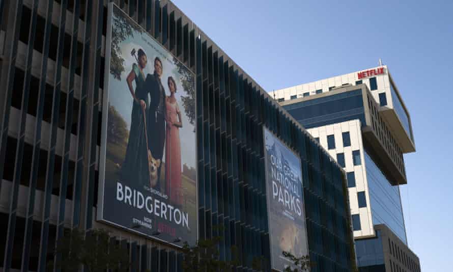 An advertisement for Netflix’s popular show Bridgerton displayed on its LA HQ.