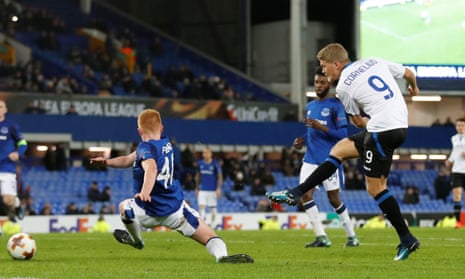 Atalanta’s Andreas Cornelius scores their fourth goal against Everton, the first of his two on the night. 