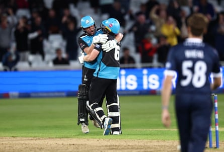 Henry Cullen and Matthew Waite celebrate as Worcestershire win the One-Day Cup final.