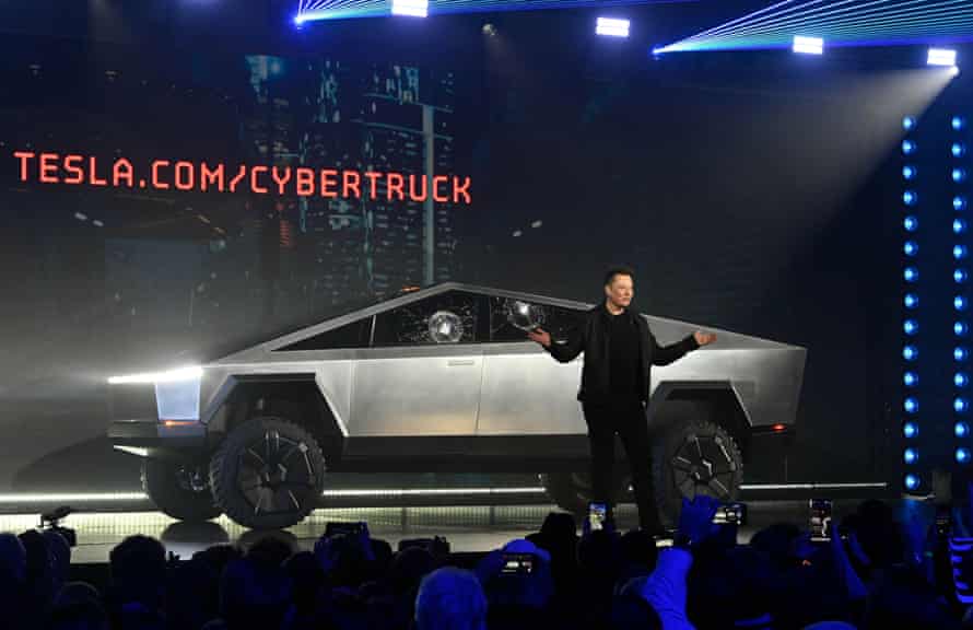 Tesla’s CEO, Elon Musk, unveils the Cybertruck in 2019, another pitch for a similar market to that targeted by the new Hummer.