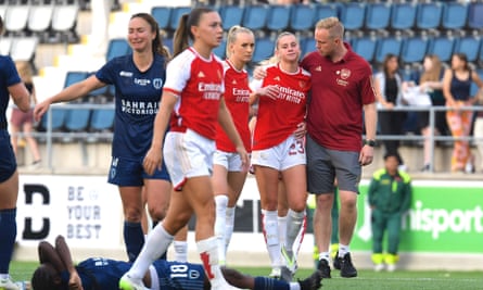 Arsenal players look dejected after defeat by Paris FC in last season’s first qualifying round.