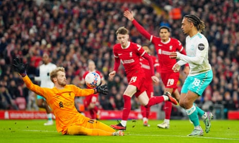 Caoimhín Kelleher saves from Southampton's Sékou Mara in the FA Cup fifth round in February.
