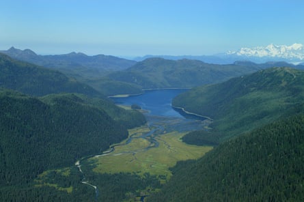 An overhead view of a national forest with mountains, grass, and a body of water