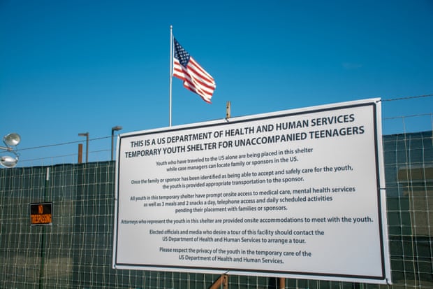 A sign at the US Department of Health and Human Services’ unaccompanied minors migrant detention facility at Carrizo Springs, Texas.