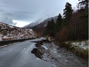 A destroyed road from Ambleside to Keswick in the Lake District, Cumbria, 12 December