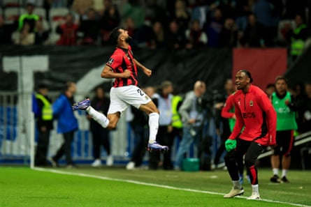 Nice defender Ali Abdi celebrates after giving his team the lead against PSG.