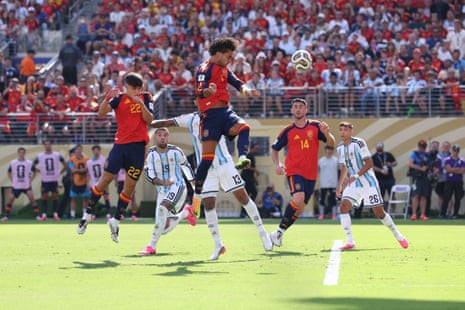 Ferran Torres has a header on target for Spain.